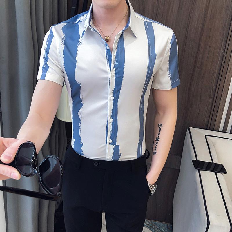 

Men's Casual Shirts High Quality Summer Men Shirt Fashion Stripe Slim Business Formal Tuxedo Camisas Masculina Streets Short Sleeve, White;black