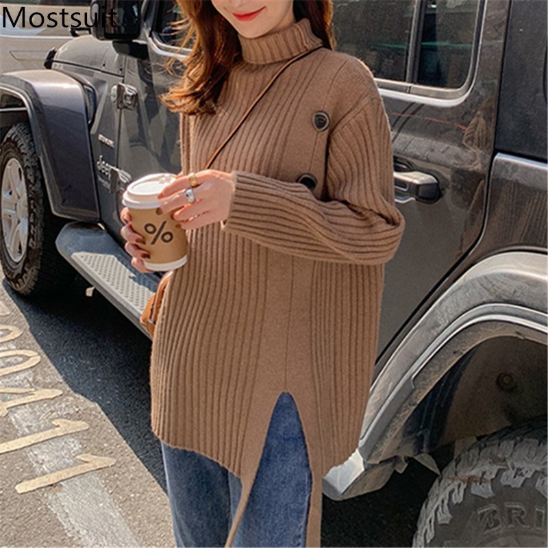 

Turtleneck Buttons Knitted Pullover Jumpers Women Winter Solid Warm Thicken Splitting Basic Female Sweater Tops Femme 210518, Black