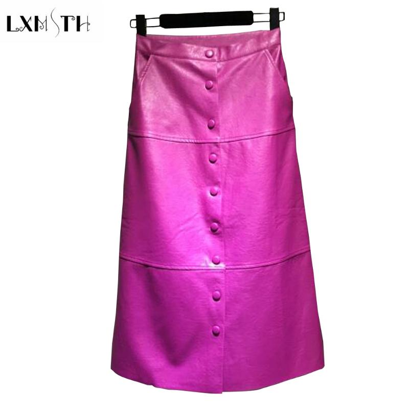 

Skirts LXMSTH Autumn Spring Button Pu Leather Skirt 2021 Solid Fashion Vintage A Line For Women Slim High Waist Ladies, As the picture