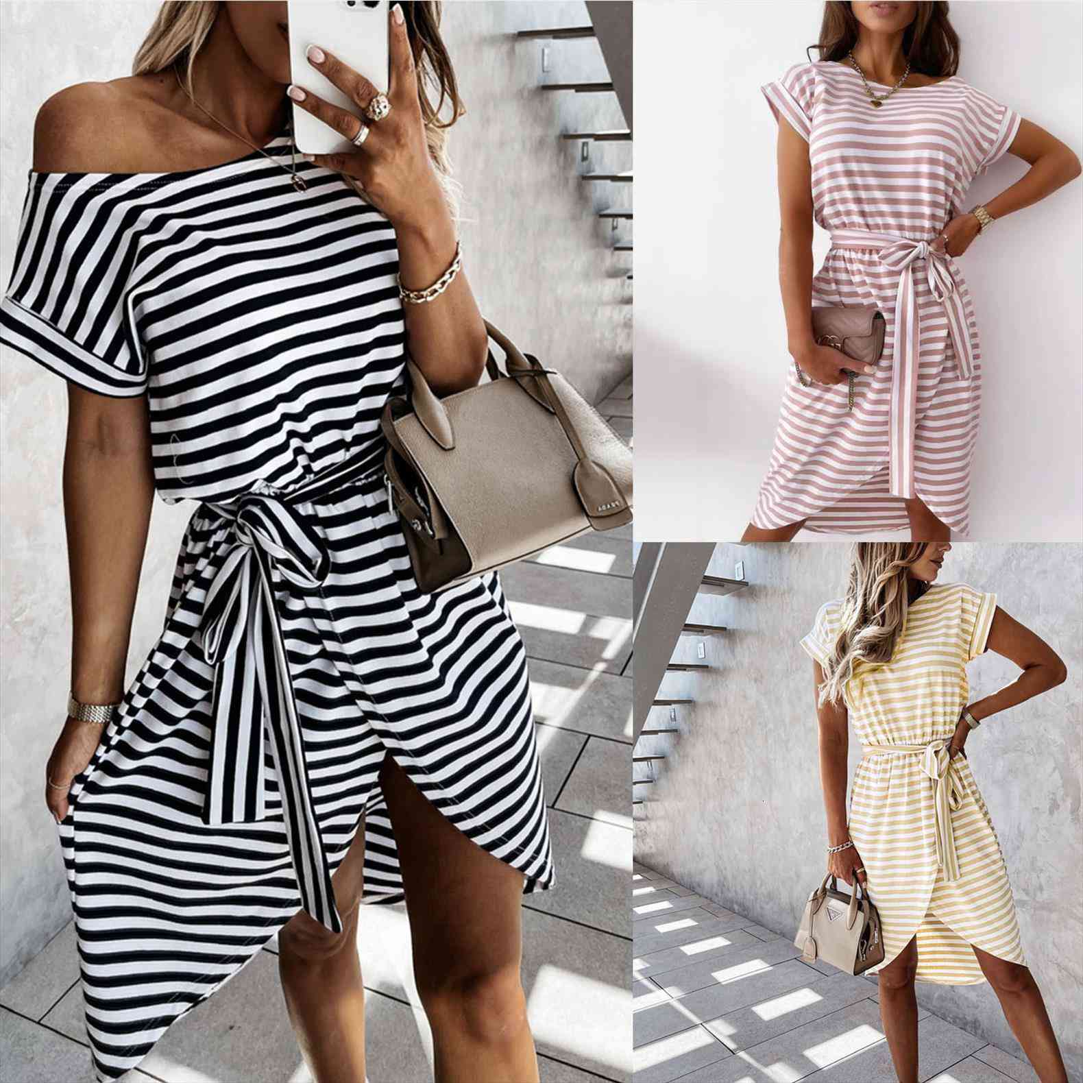 

dresses summer striped lace women camis up irregular hem short sleeve cold shoulder loose casual sleeved dress, White