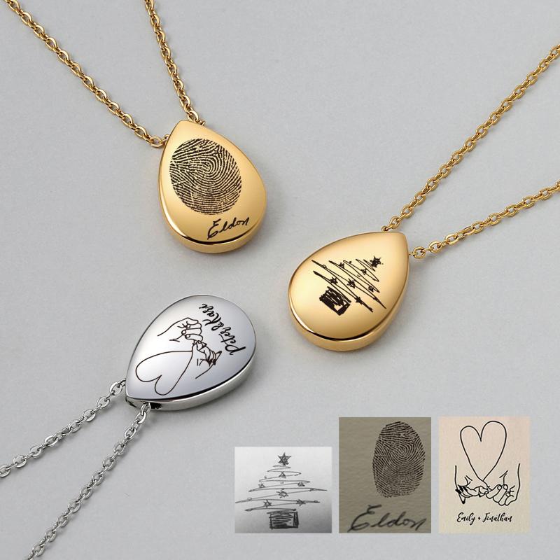 Pendant Necklaces Teardrop Memorial Fingerprint Handwriting Drop Charm Necklace, Gift For Mother-image-699419256