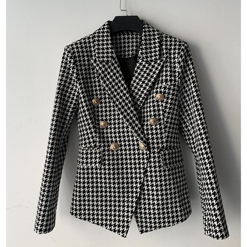 

Women's Suits & Blazers 2021 Jacket Double Breasted Metal Lion Button Thousand Bird Lattice Slim Suit, Houndstooth