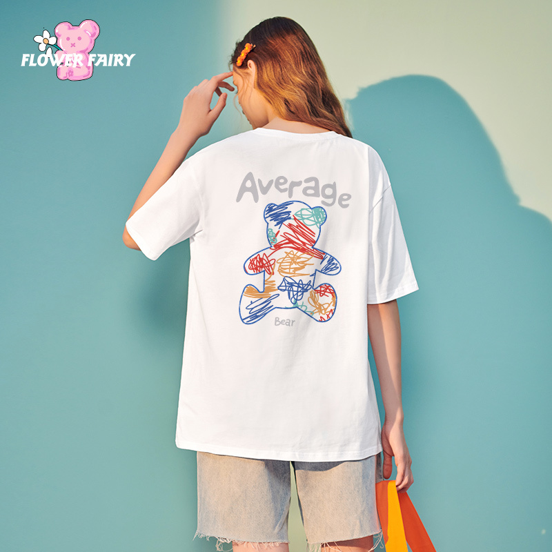 

Women's Blouses & Shirts Bear manga short shirt graffiti loose Korean style half lazy wind summer fashion top, White