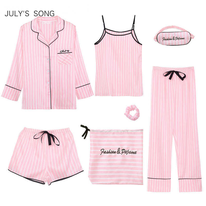 

JULY'S SONG Pink 7 Pieces Women's Pajamas Sets Faux Silk Striped Pyjama Women's Pajamas Sleepwear Sets Spring Summer Homewear 210708, Color 1