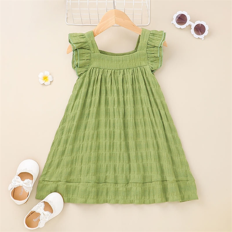 

Summer Girls Dress Strap Ruffles Green Solid Cute Vestidos 18M-6T 210629