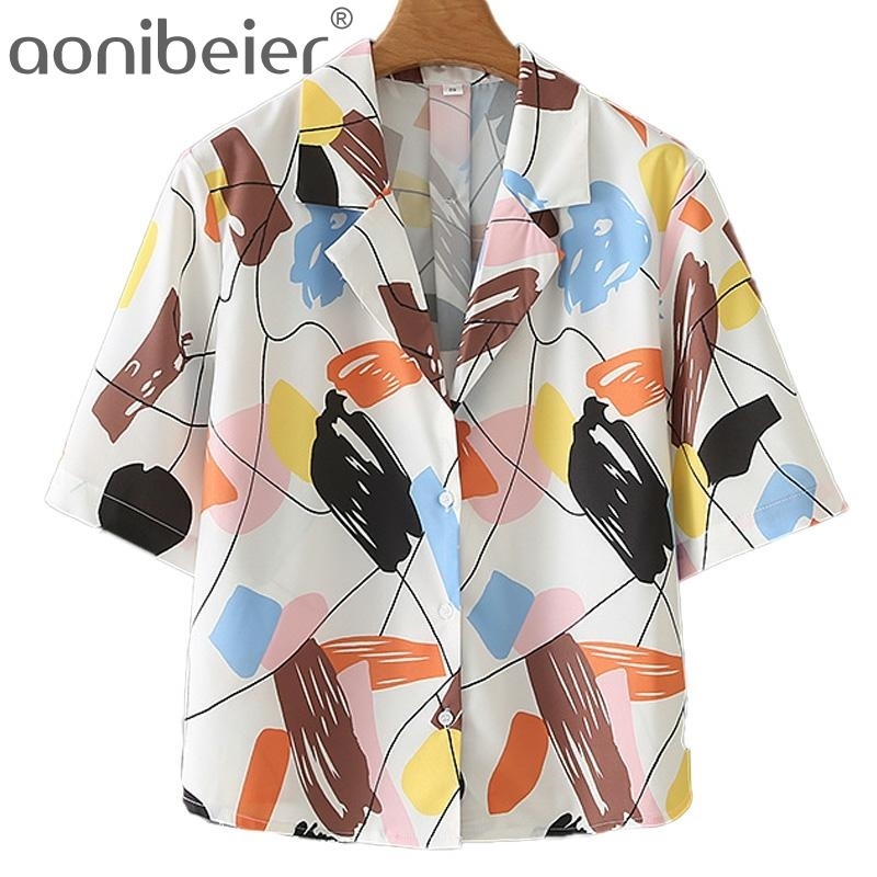 

Graffiti Print Thin Summer Short Sleeve Women Casual Shirts Streetwear Loose Tops Female Notched Collar Blouses 210604, 01