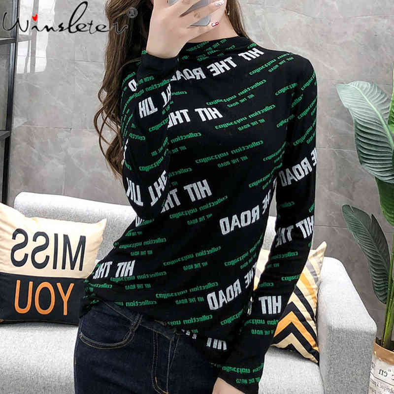 

Women's T-Shirt Autumn Winter Women T Shirt Letter Print Cotton Tops Long Sleeve Slim Ladies Turtleneck Arrival Woman Tees T08504L, White tshirt