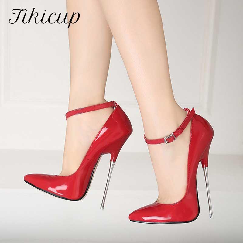 

Dress Shoes Tikicup Red Patent 16cm Ultra High Metal Heels Women Ankle Strap Stiletto Pumps Pointed Toe Wild Sexy Cross-Dress, Black