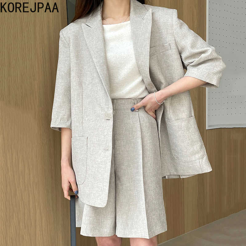 

Korejpaa Women Sets Summer Korean Chic Retro Lapel Two Button Loose Pocket Suit Jacket High Waist Straight Casual Trousers 210526, Black shorts s