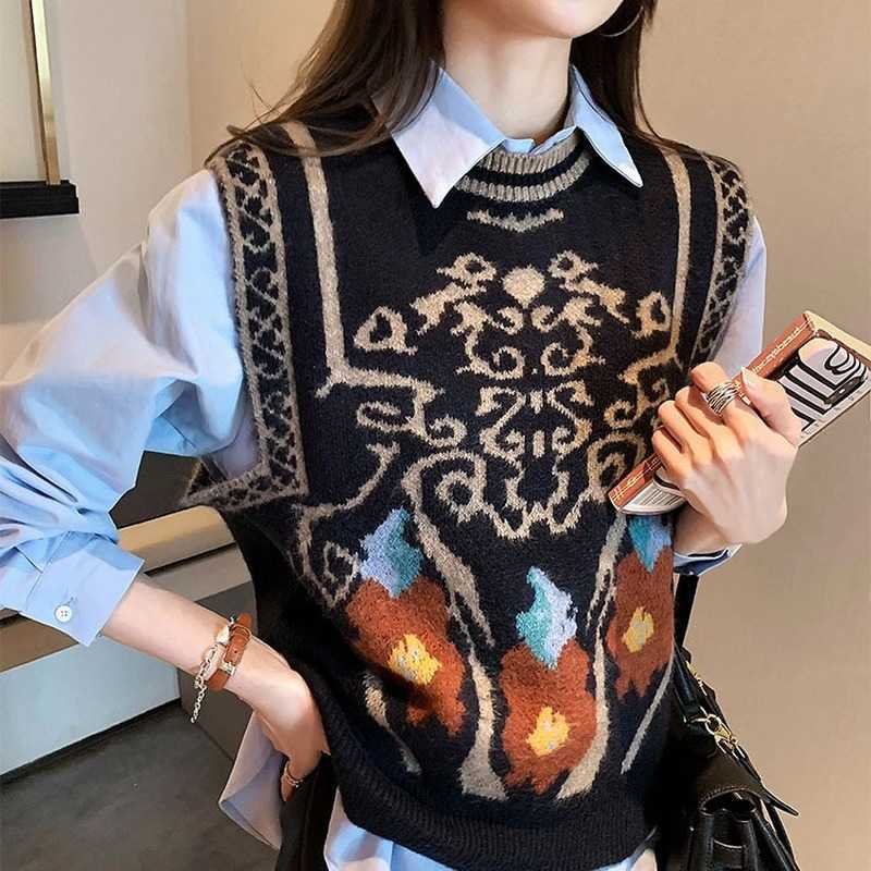 

Spring Autumn Korean Loose Sleeveless Sweater Vest Top Women's Round Neck Shoulder Knitted Waistcoat Female 210607, Beige