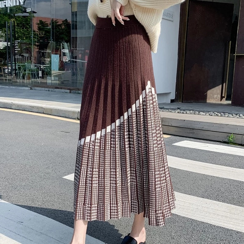 

Autumn & Winter Women Geometric High Waist Knitted Pleated Skirt Casual Fashion Elegant Warm A-line Long 210525, Gray