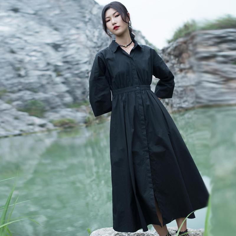 

Casual Dresses Johnature Women Vintage Cotton Turn-down Collar Three Quarter Sleeve Belt Clothing 2021 Autumn Solid Color Simple Dress, Black