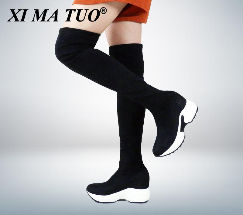 

Boots 2021 Stretch Fabrics Over The Knee Height Increasing Round Toe Women Shoes Autumn Winter Casual Long Size34-43, Black