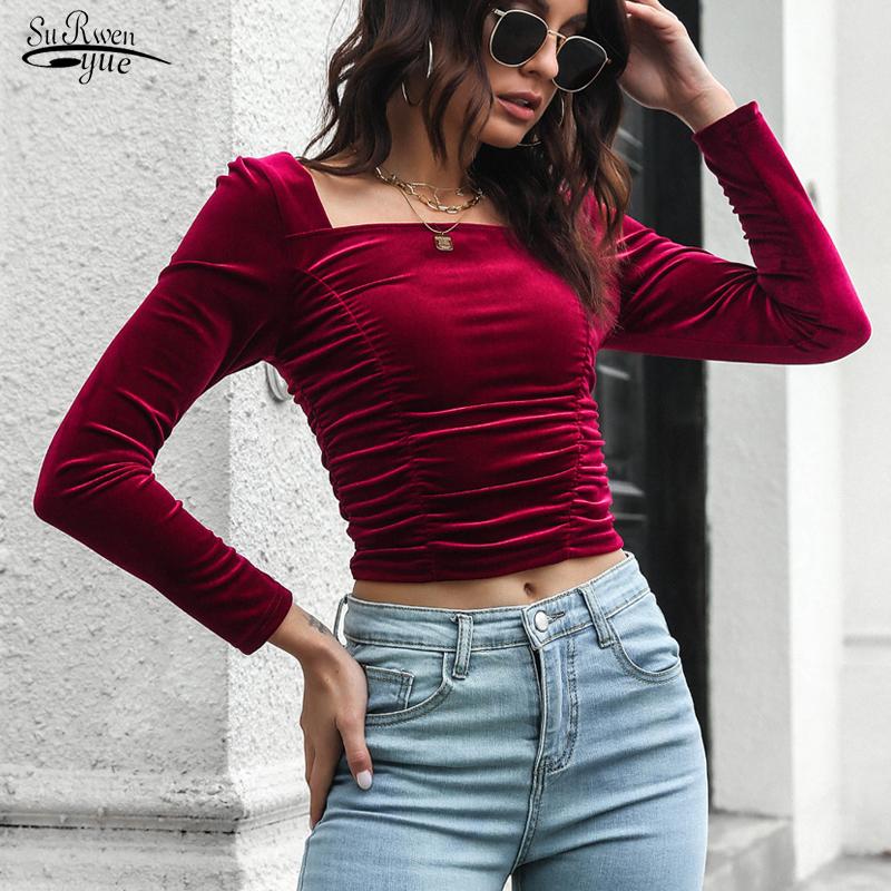 

Women's Blouses & Shirts Winter Long Sleeve Velvet Top Spring Blouse Women Fashion Sexy Crop Short Slash Neck Slim Clothes Blusas 18167, White