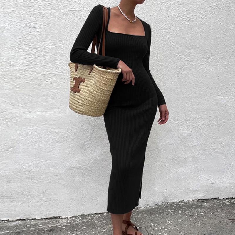 

Casual Dresses Square Neck Bodycon Dress Women Long Sleeve Sexy Midi Black Autumn Winter Brown Basic Clubwear Party
