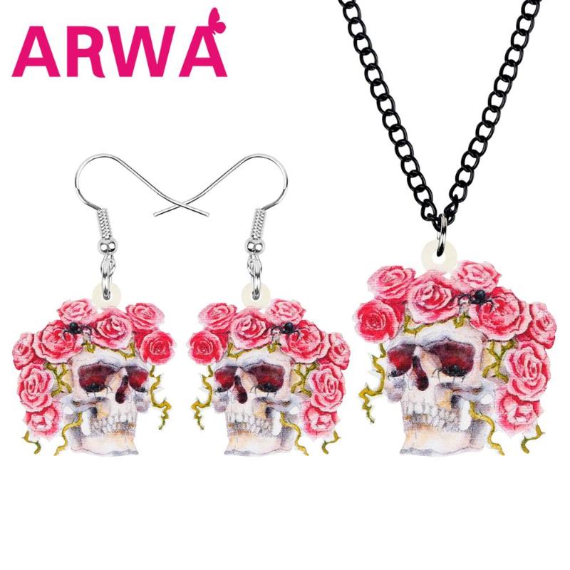

Earrings & Necklace ARWA Acrylic Halloween Rose Skull Skeleton Jewelry Sets Big Flower For Women Girls Kids Charm Gift Decoration, Silver