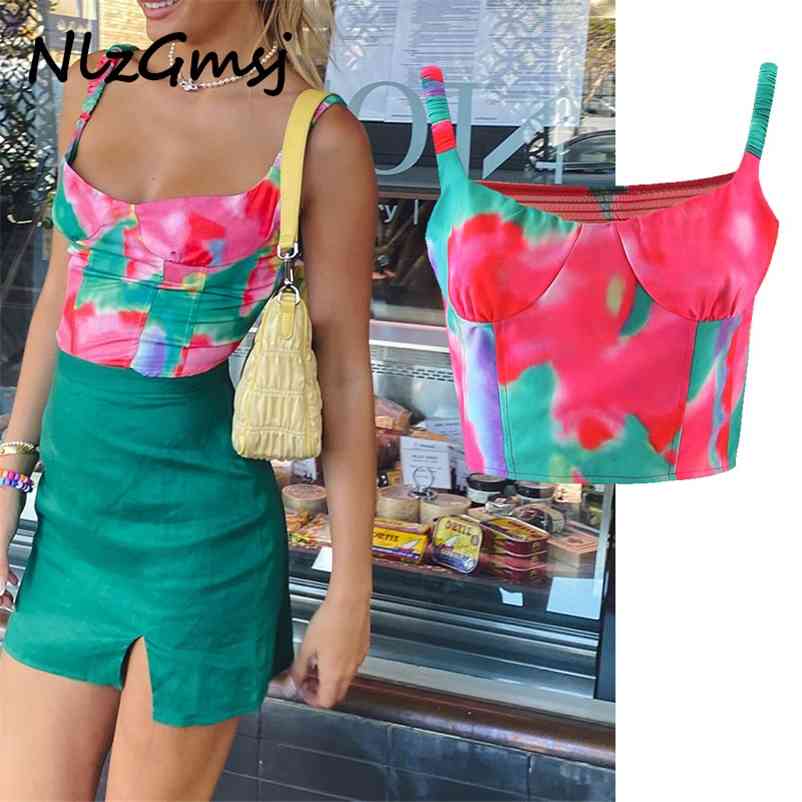 

Tank Women Backles's Tops Sleeveless Tie-Dyed Elastic Female Temperament Street Stitching Camisole 210628, As picture