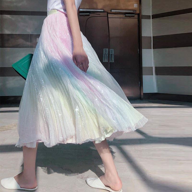 

Skirts Women 2021 Summer Fashion Colorful Tutu Mesh Skirt Female Elastic High Waist Rainbow Casual Tulle Midi A-Line V104, Black