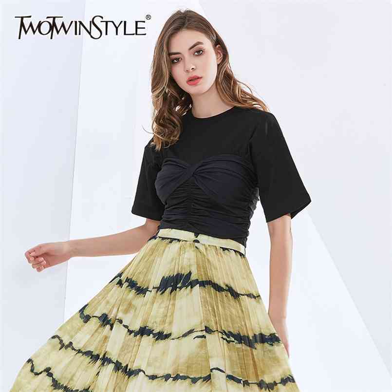 

Sexy Slim T Shirt For Women O Neck Short Sleeve Patchwork Tops Female Fashion Clothing Summer Style 210524, Black