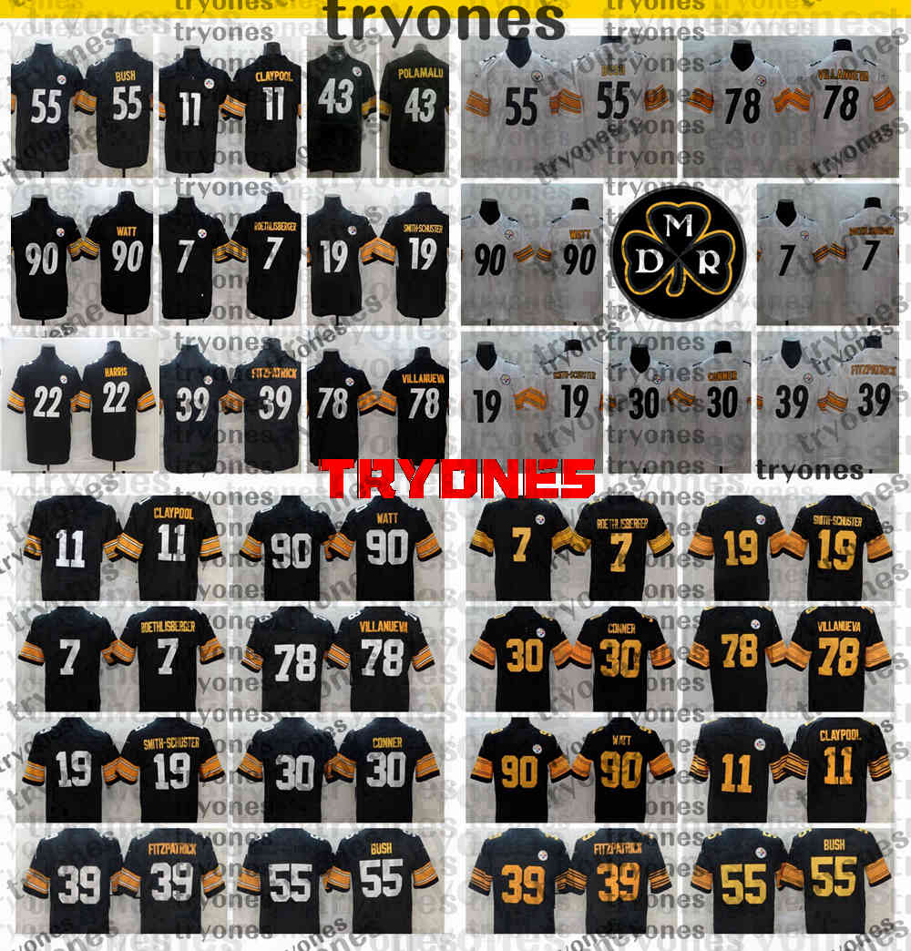 

2021 Mens Najee Harris Roethlisberger TJ Watt Smith-Schuster Villanueva Devin Bush Minkah Fitzpatrick Claypool Polamalu Football Jersey Bi6, Black;red