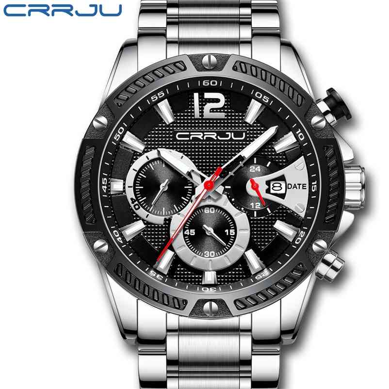 

CRRJU Watch Men Fashion Sport Quartz Clock s es Brand Luxury Stainless Steel Business Waterproof 30M 210608, Silver