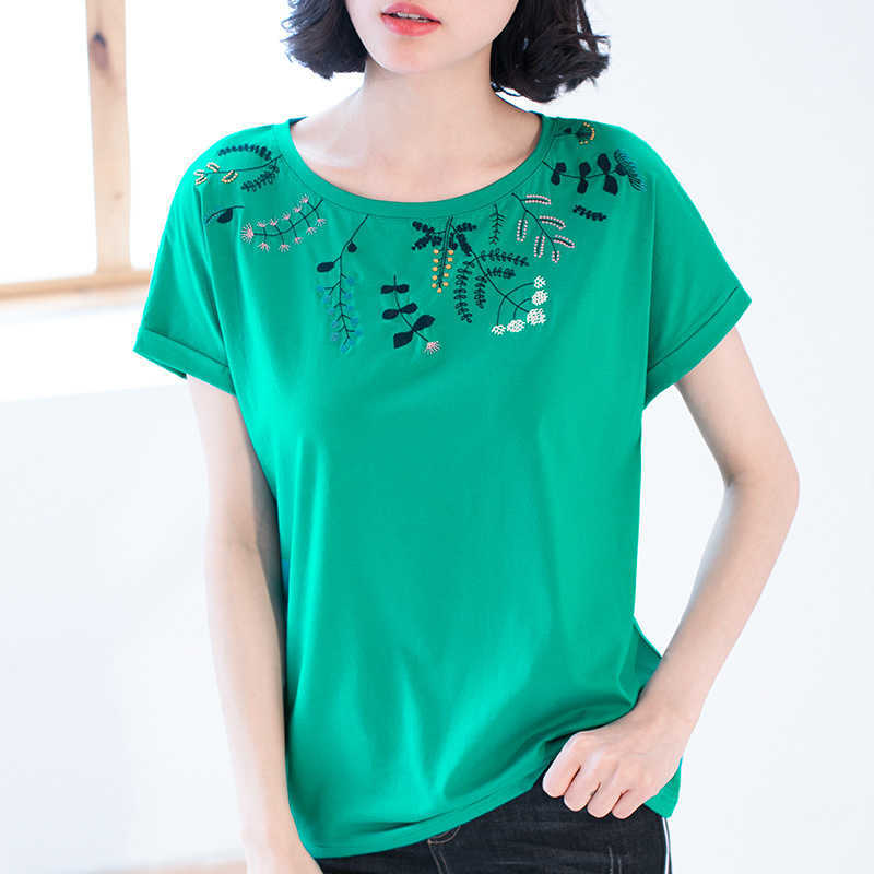 

Floral T Shirt Women Embroidery T- Summer Tops Fashion Cotton Tshirt Female Plus Size Womens Clothing Tee Femme 210615, Green t shirt
