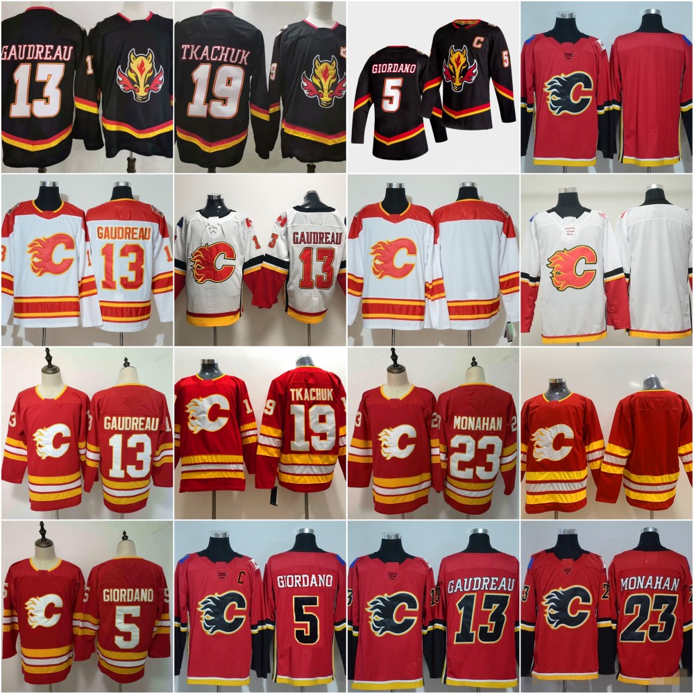 

2021 Reverse Retro Calgary Flames 19 Matthew Tkachuk 13 Johnny Gaudreau Jacob Markstrom Hockey Jersey 5 Mark Giordano 23 Sean Monahan, Black;red