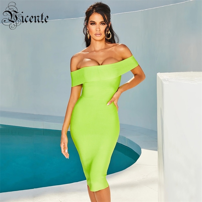 

Arrival Bandage Dress Sexy Off The Shoulder Short Sleeves Celebrity Party Knee Length 210520, Neon green