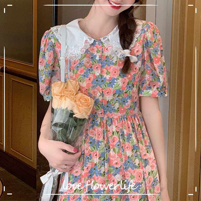 

Vintage Sweet Floral Dress Women Summer Dress Korean Short Sleeve Elegant Midi Dress Female Evening Party Kawaii 210521, Black dress