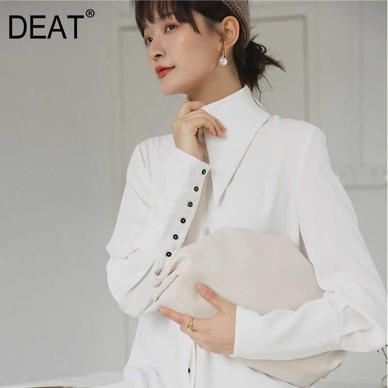 

[DEAT] Women White Button Split Temperament Blouse Lapel Long Sleeve Loose Fit Shirt Fashion Spring Autumn 13P389 210527