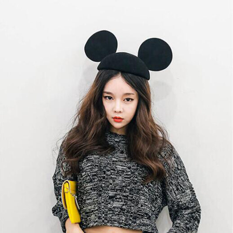 

Wide Brim Hats 1 piece Fashion Women's 100% Woolen for Mouse Ears fangled Cute Cat Big Small cap Devil Beret half round shape 6361