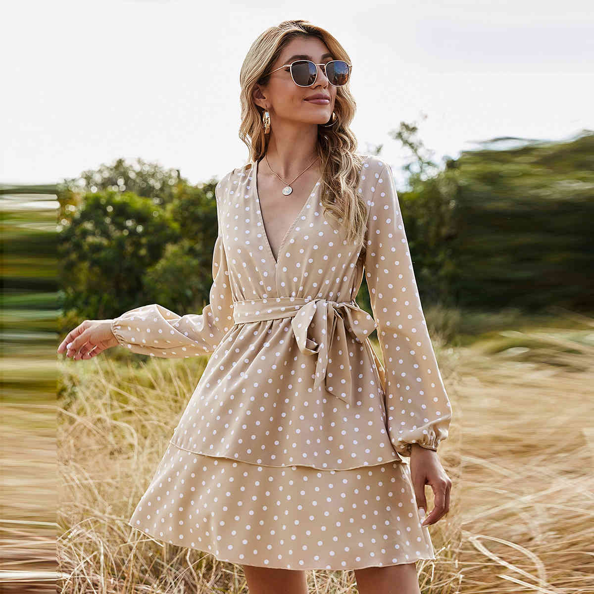 

Spring V-Neck Ball Gown Cascading Ruffles Dot Printing Casual Women's Dress 210524, Khaki