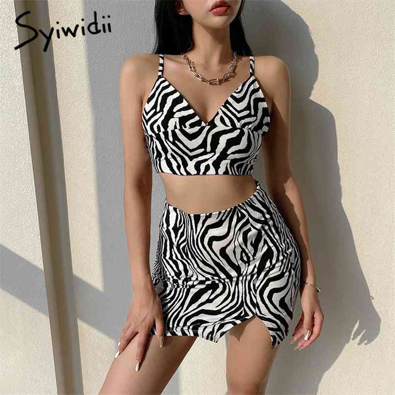 

2 Piece Skirts Sets Women Zebra Pattern Outfits Tank Top Sweatshirt Summer Sleeveless V-Neck Spaghetti Crop 210607, Black