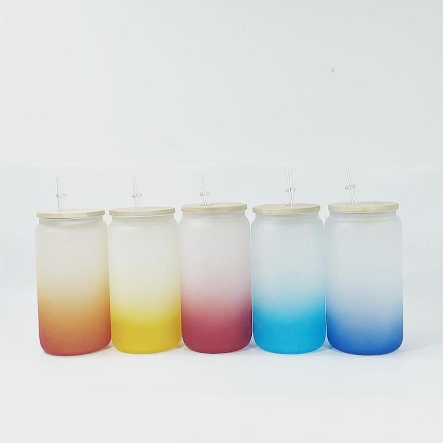 

Hot 16oz Sublimation Frosted Glass Beer Mugs Gradient color With Bamboo Lid and Reusable Straw heat transfer glass soda Can Coffee Milk Juice Cups 0222