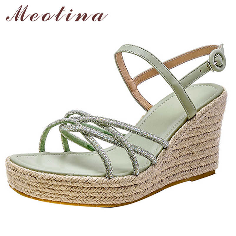 

Meotina Sandals Shoes Women Wedges Super High Heel Sandals Buckle Square Toe Ladies Footwear Summer Green Beige Shoes 210608