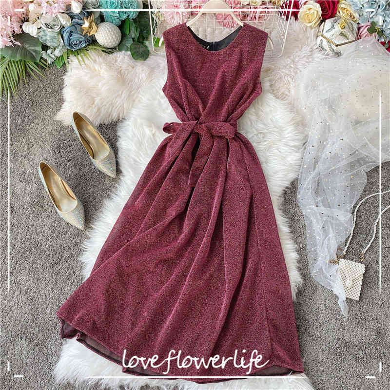 

Spring Summer O Neck Sleeveless Sexy Dresses Female High Waist With Belt Midi Dress Ladys Solid Casual Dress 210521, Fuchsia