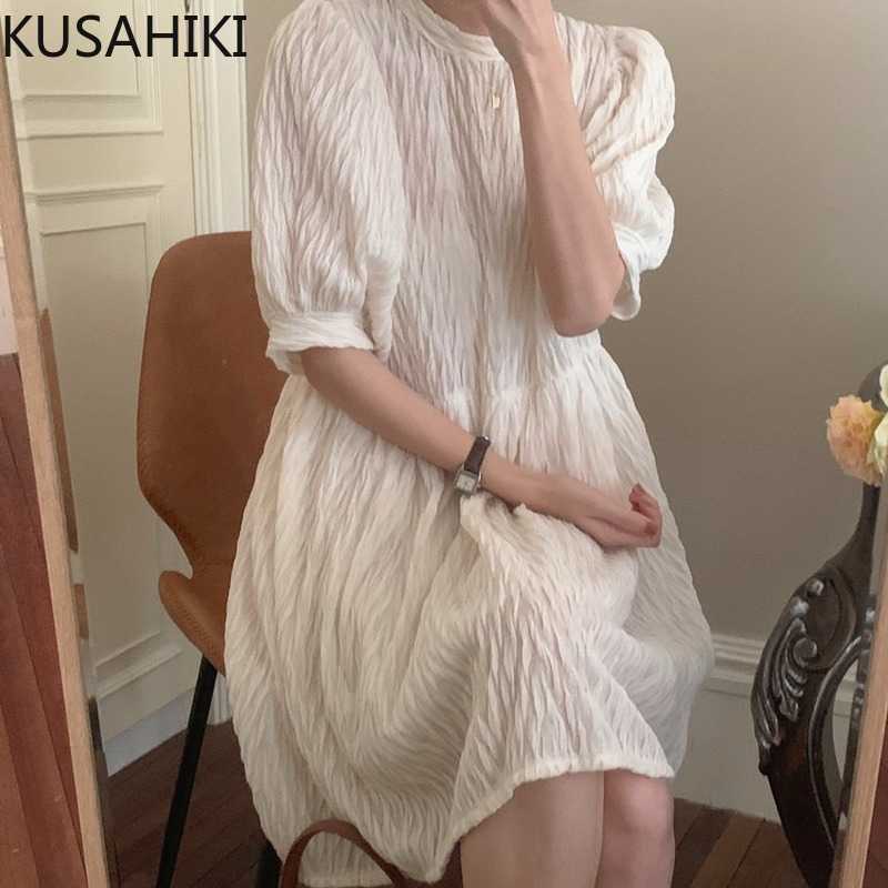 

KUSAHIKI Korean Pleated Sweet Doll Dresses Puff Short Sleeve O-neck Vestidos Chic High Waist Causal Woman Dress 6G374 210602, Black