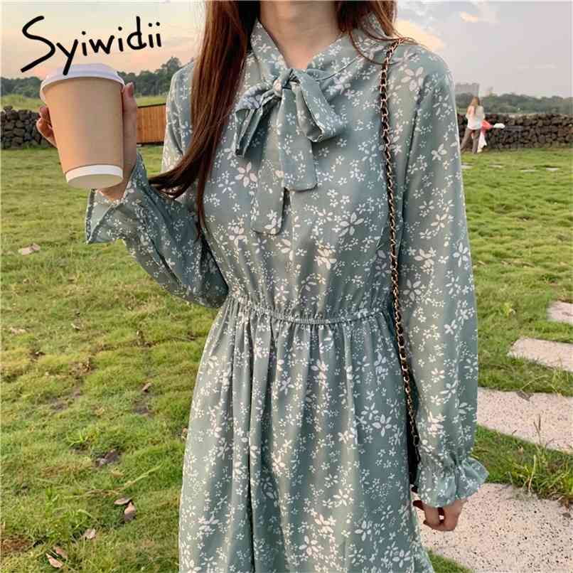 

Woman Dress Bow Tie Elastic Waist Green Birthday Long Sleeve Chiffion Spring Summer Floral es 210607, Light green