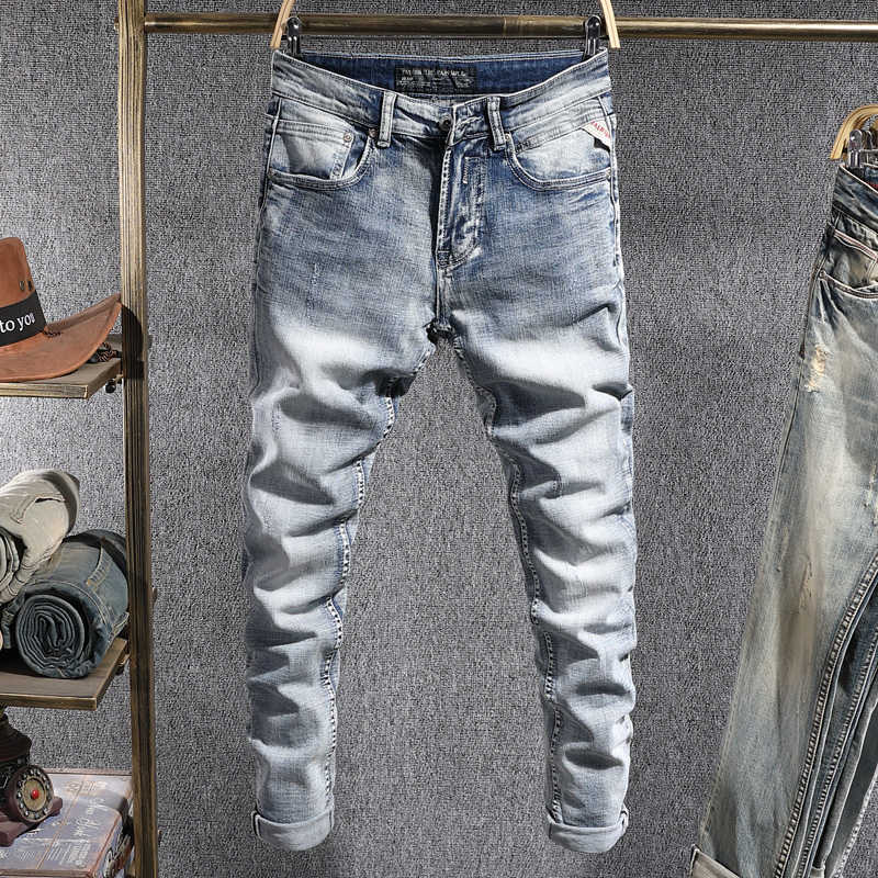 

Italian Style Fashion Men Jeans Retro Light Blue Elastic Slim Fit Casual Denim Pants High Quality Vintage Designer Long Trousers