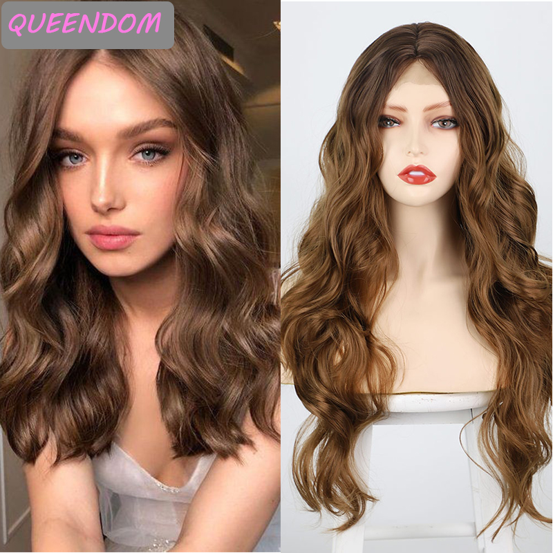 

blonde long natural wavy lace front wig light brown body wave lolita lace wig synthetic heat resistant middle part cosplay wigs, Black