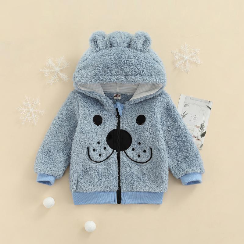 

Jackets Autumn Winter Unisex Kids Fleece Toddlers Cartoon Bear Hoodies Long Sleeve Bomber Jacket With Hidden Zipper Coats 1-5Y, Blue;gray