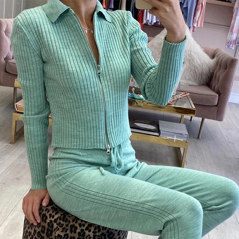 

Women's Two Piece Pants Knitted Zipper Drawstring Set Turn-Down Collar Cropped Cardigan And Sport Pant Suits Casual Female Sets, White