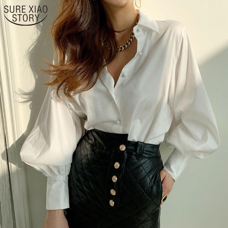 

Women's Blouses & Shirts 2021 Spring Korean Lantern Sleeve Fashion Women Blouse Office Lady Solid Cotton Turn Down Collar Female Clothing, White