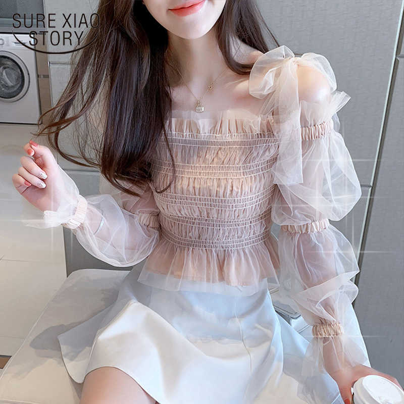 

Fashion Long Sleeve Blusas Mujer De Moda Apricot Lace Sexy Chiffon Ladies Shirt Off-Shoulder Women Blouses and Tops 8735 50 210527, Pink