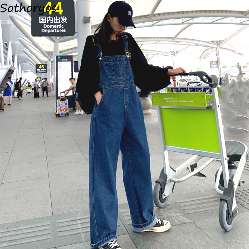 

Jumpsuits Women Spring Retro Vintage Casual Bodusuits Loose Solid Pocket Trousers Korean Simple Style All Match Streetwear Chic, Blue