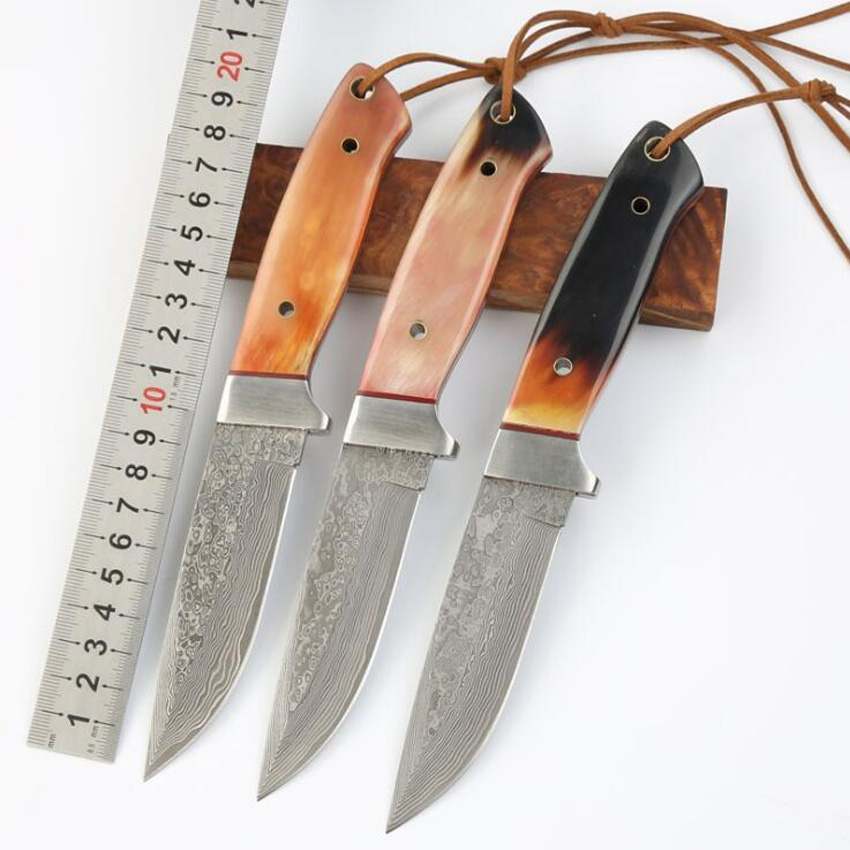 

1pcs Top Quality Damascuss Survival Straight Hunting Knife VG10 Damascus Steel Drop Point Blade Cow Horn Handle Fixed Blades Knives With Lea