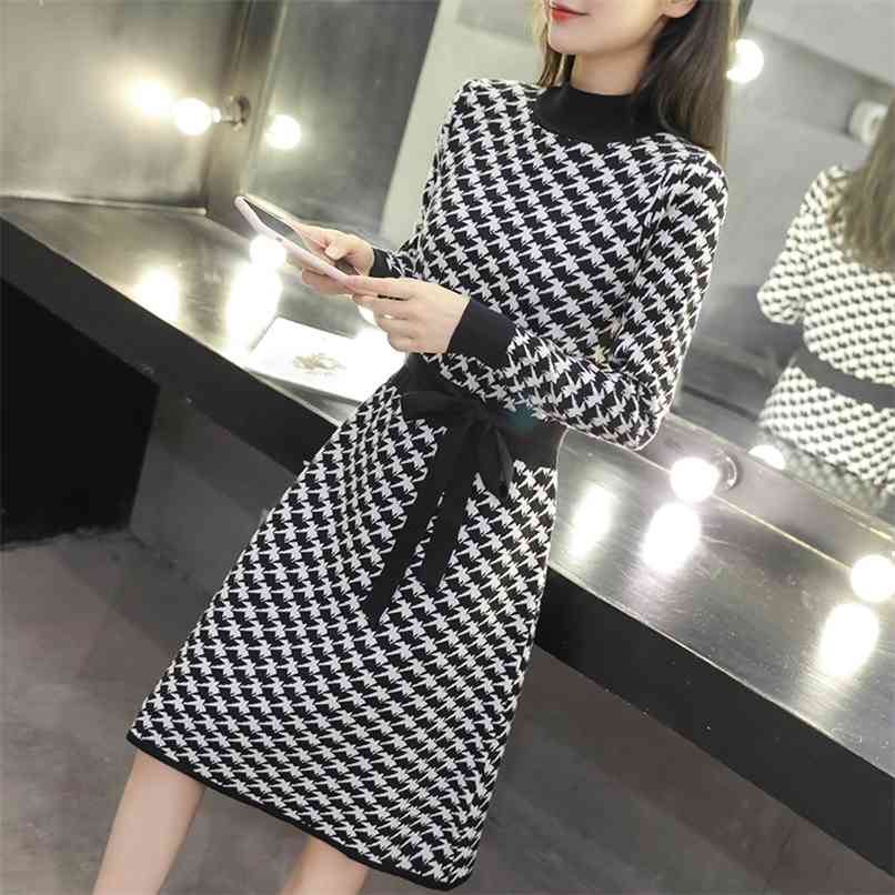 

Women's sweater skirt autumn/winter Korean version of the slim-fit inner with checkered bottoming shirt knitted dress 210520, Black