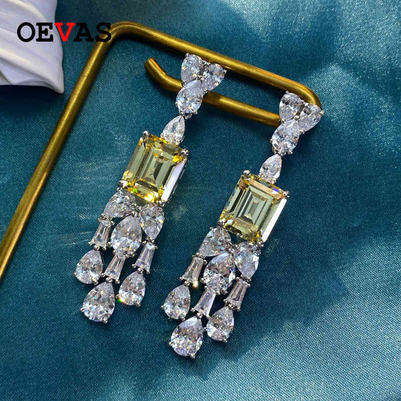 

OEVAS 100% 925 Sterling Silver Sparkling Water Drop High Carbon Diamond Tassels Drop Earrings For Women Party Fine Jewelry Gift 210525, Golden;silver