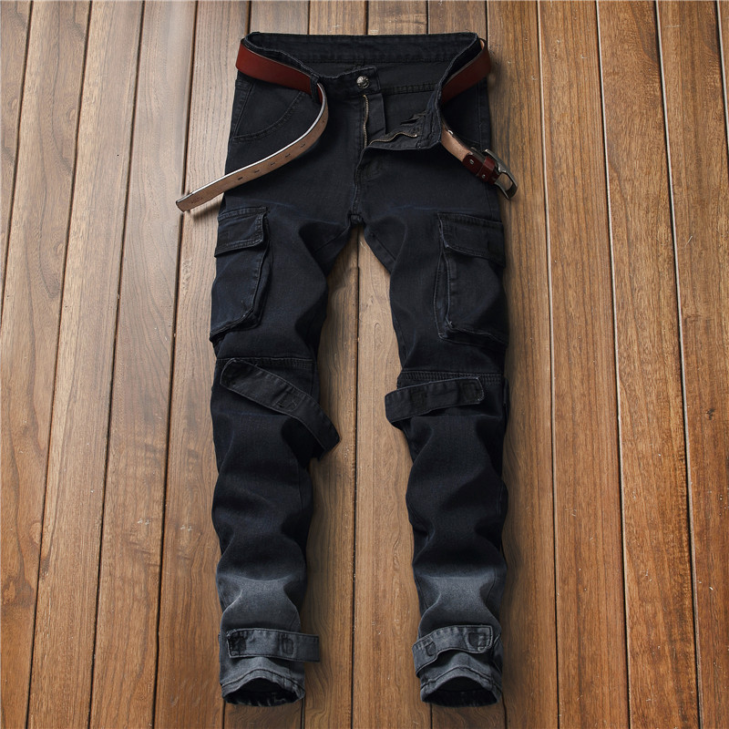 

fashion jeans casual men's slim fit black large pocket, Blue