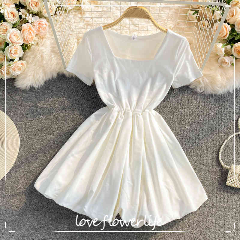 

LoveFlowerLife Summer Casual Short Elastic Waist Dress A Line Square Collar Solid Chiffon Sweet Women Dresses 210521, White